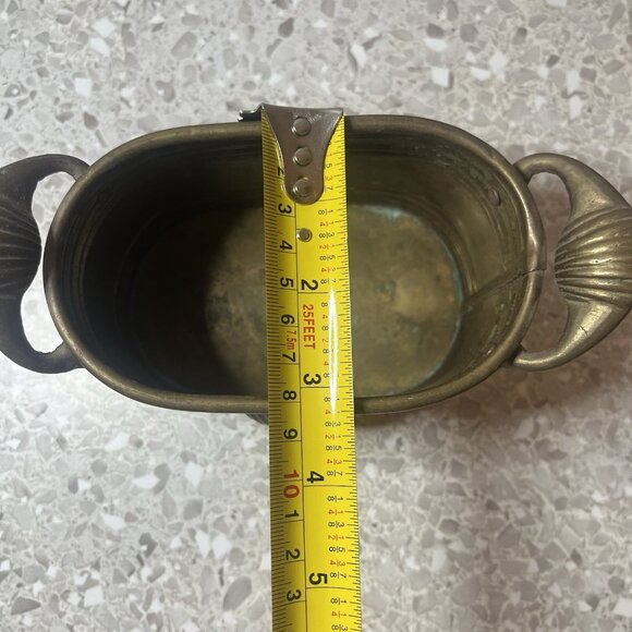 Small Brass Oval Planter Seashell Accent Handles Beautiful Patina 3” Tall Vtg - Picture 12 of 14